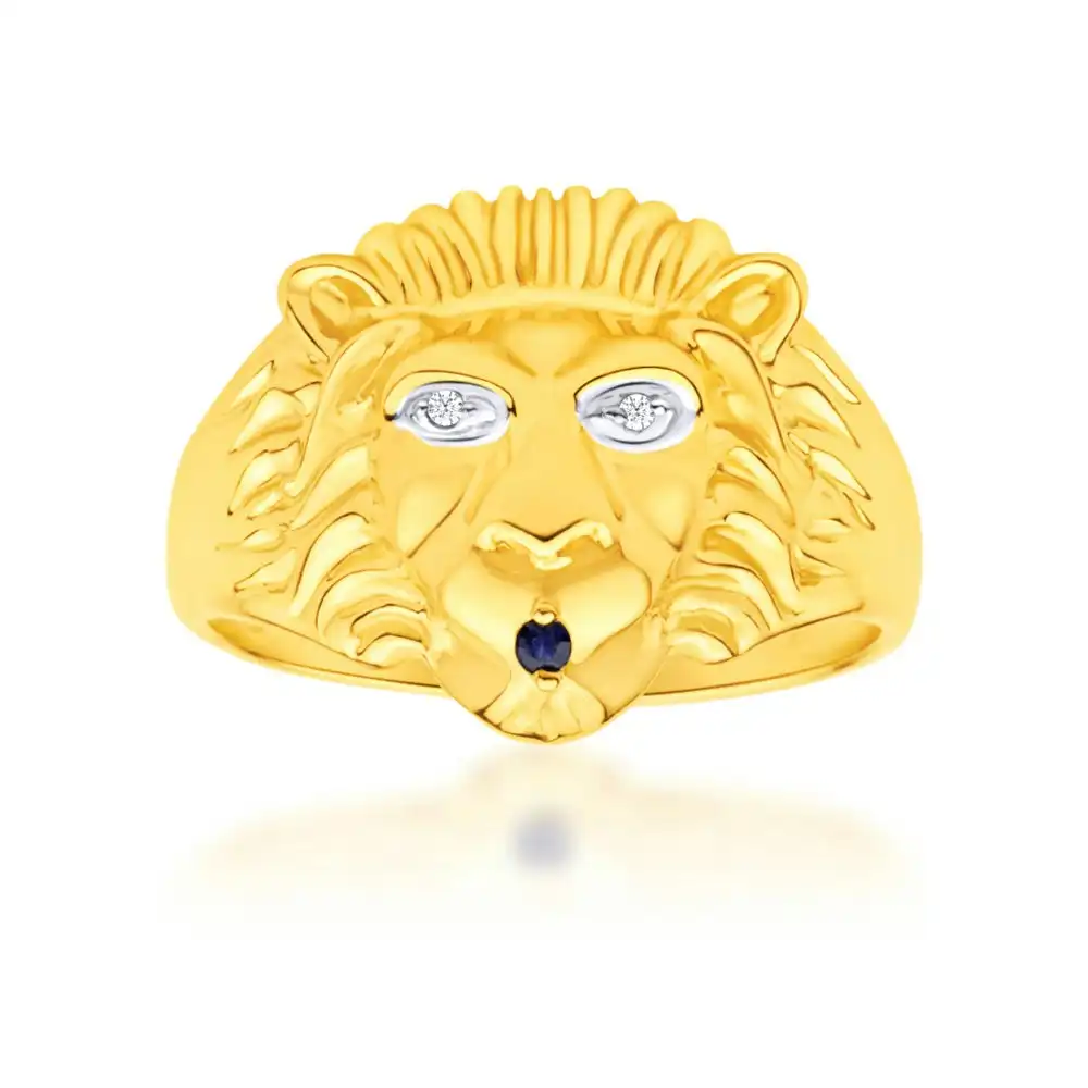 9ct Yellow Gold Lion Head Diamond and Sapphire Gents Ring