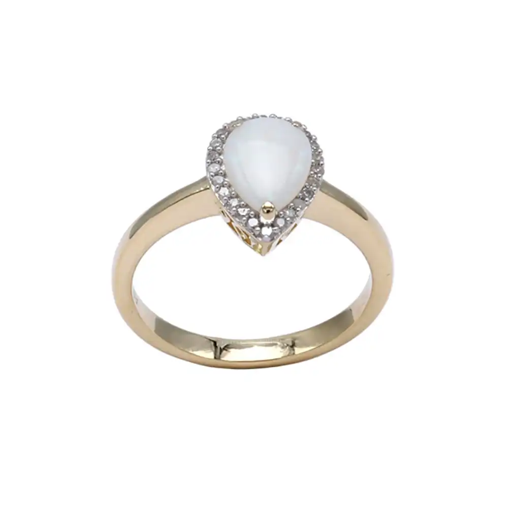 9ct Yellow Gold Natural White Solid Opal & Diamond Pear Shape Ring