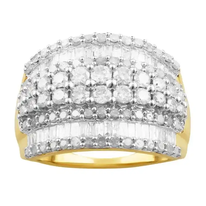 9ct Yellow Gold 2 Carat Diamond Ring with Brilliant and Baguette Cut Diamonds