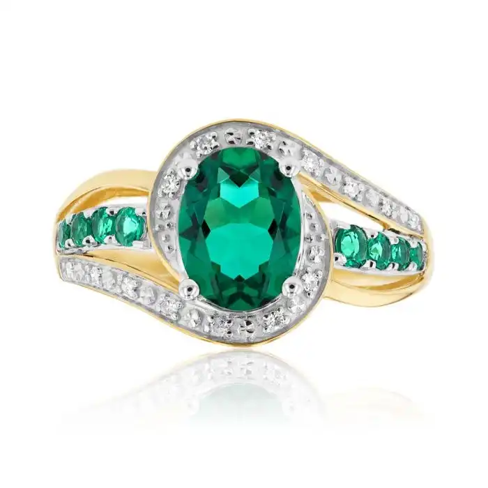 9ct Yellow Gold 8x6mm Created Emerald and Diamond Ring
