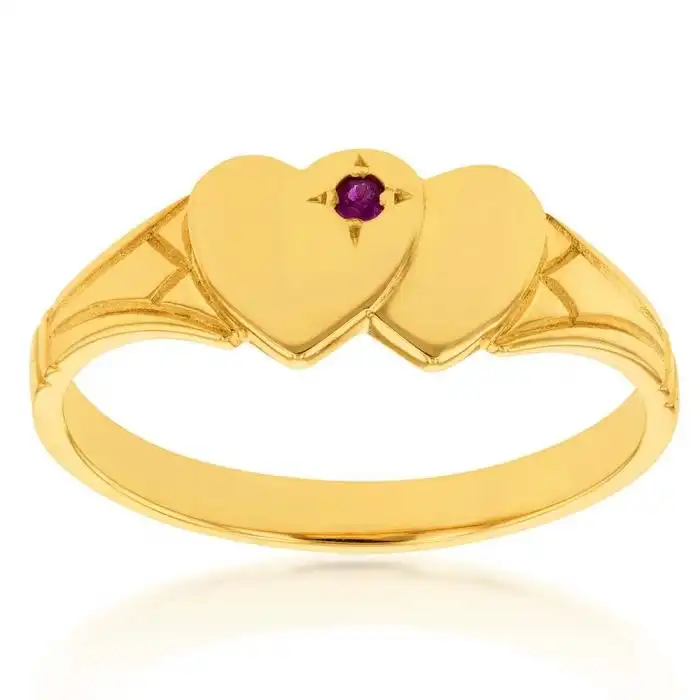 9ct Yellow Gold Ruby 2Heart Signet Ring Size H