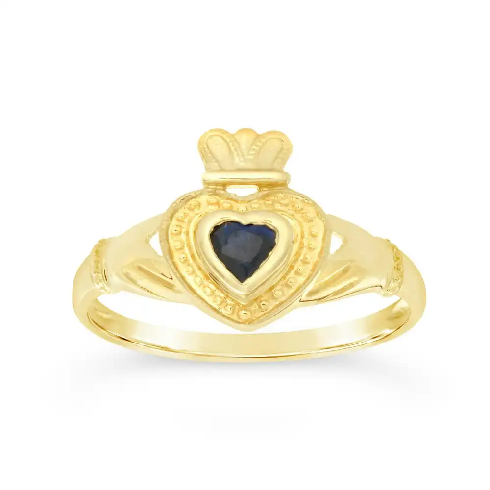 9ct Yellow Gold Natural Sapphire Claddagh Ring