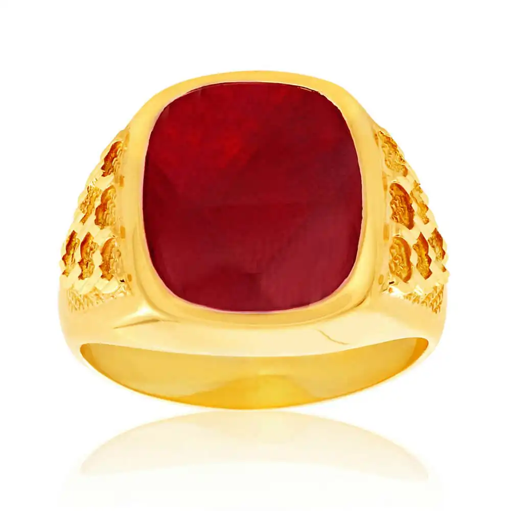 9ct Yellow Gold Created Garnet 14x12mm Gents Ring