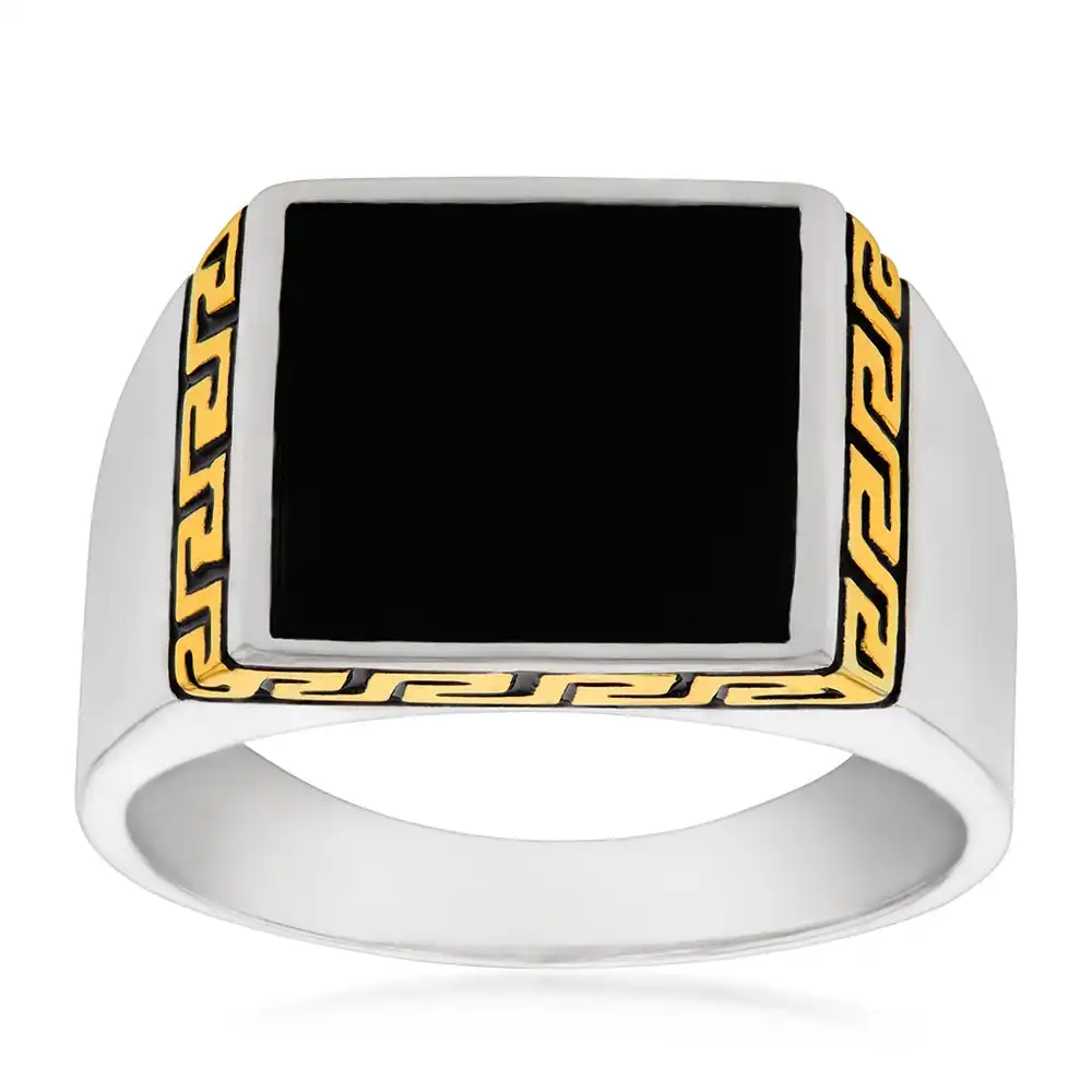 Sterling Silver Gold Plated Black Square Greek Pattern Gents Ring