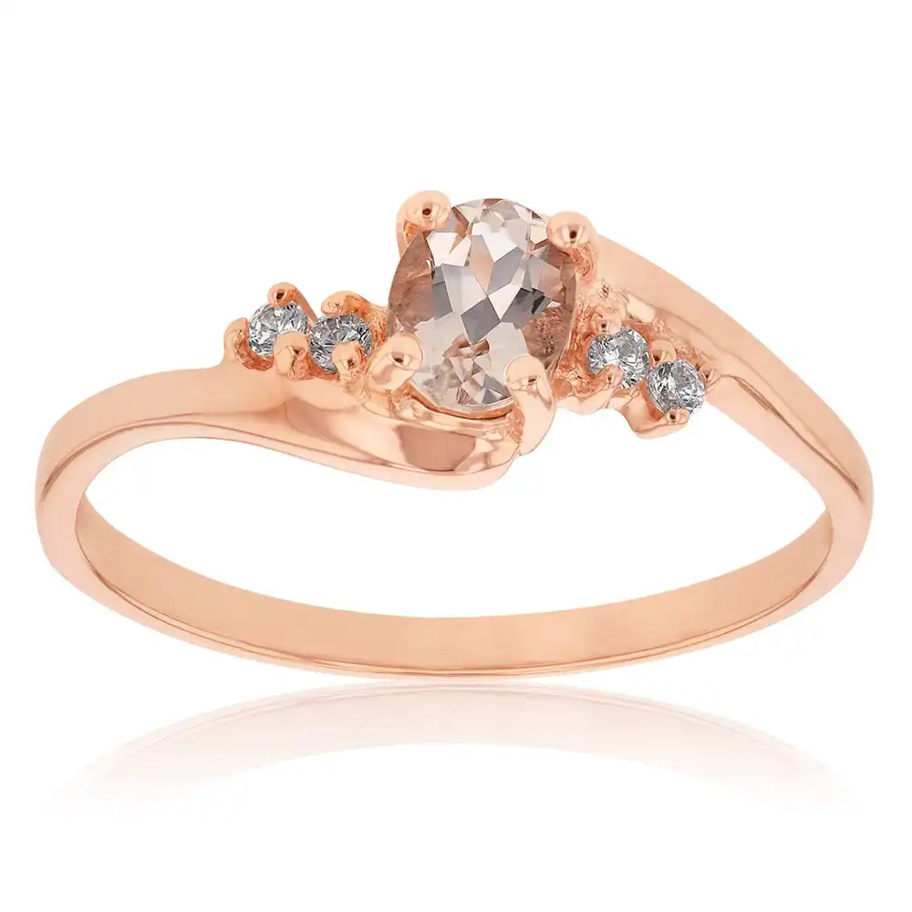 9ct Rose Gold Morganite and Zirconia Oval Ring   *Resize 1-2 Sizes