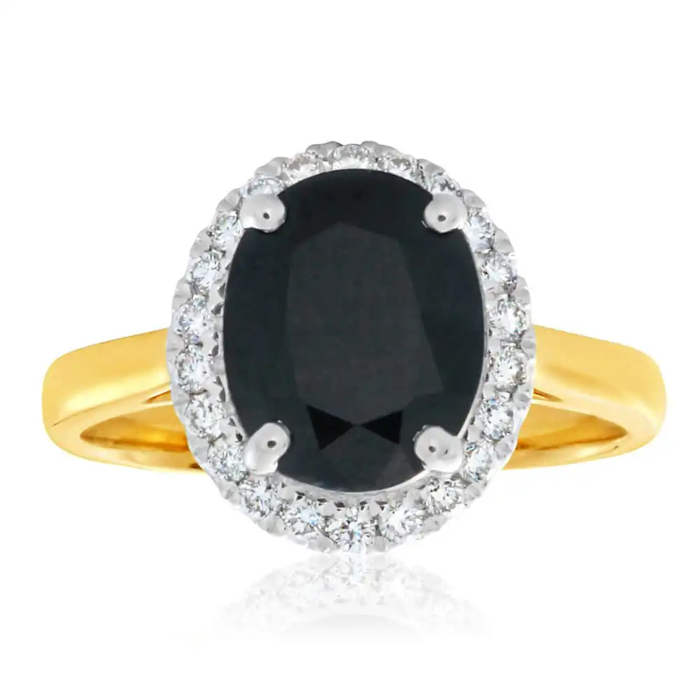 9ct Yellow Gold Diamond + Natural Black Sapphire Ring