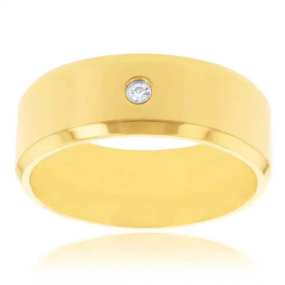 Stainless Steel Yellow Gold Plated Cubic Zirconia Set Beveled Edge 8mm Wide Ring