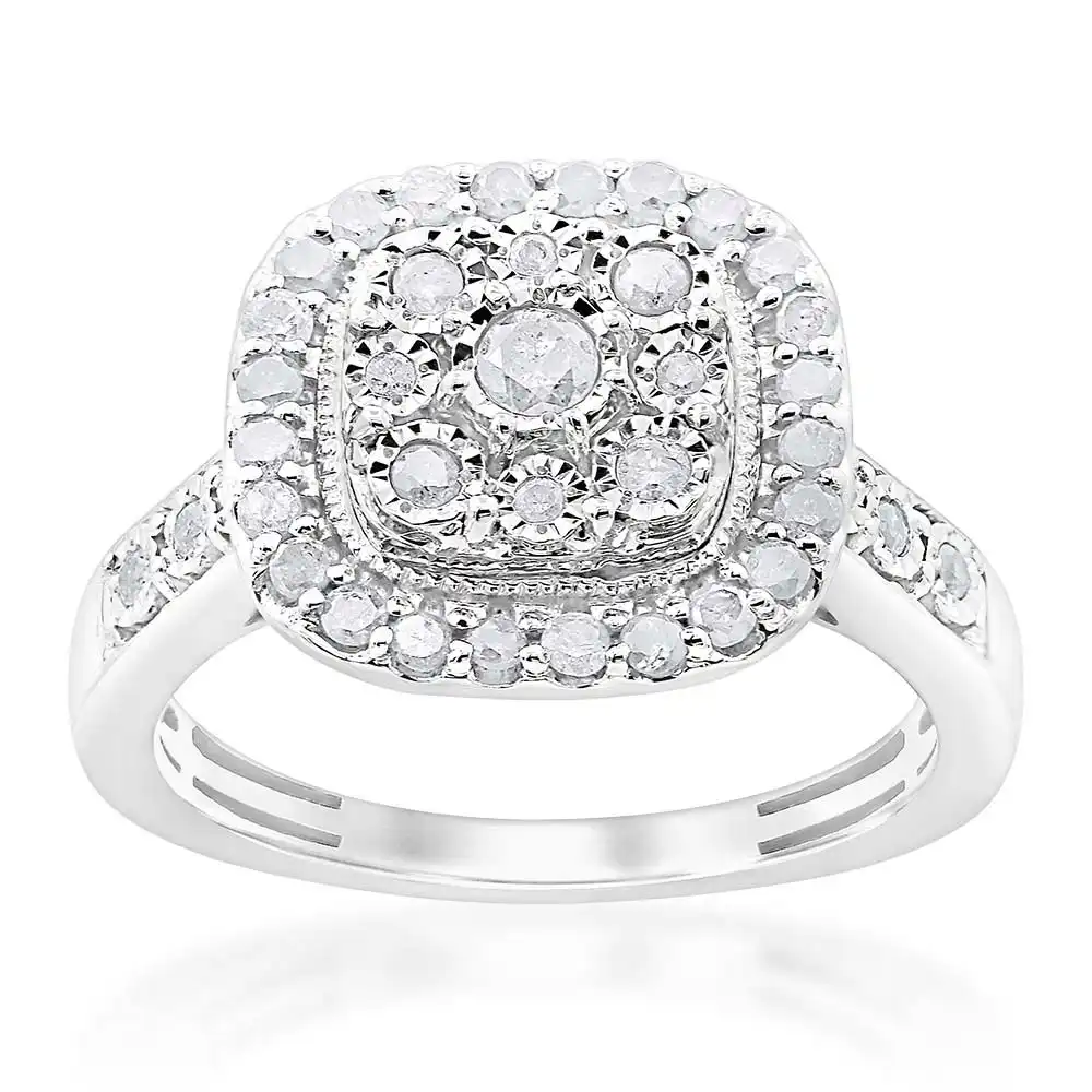 Sterling Silver 1/2 Carat Diamond Cushion Shape Cluster Ring