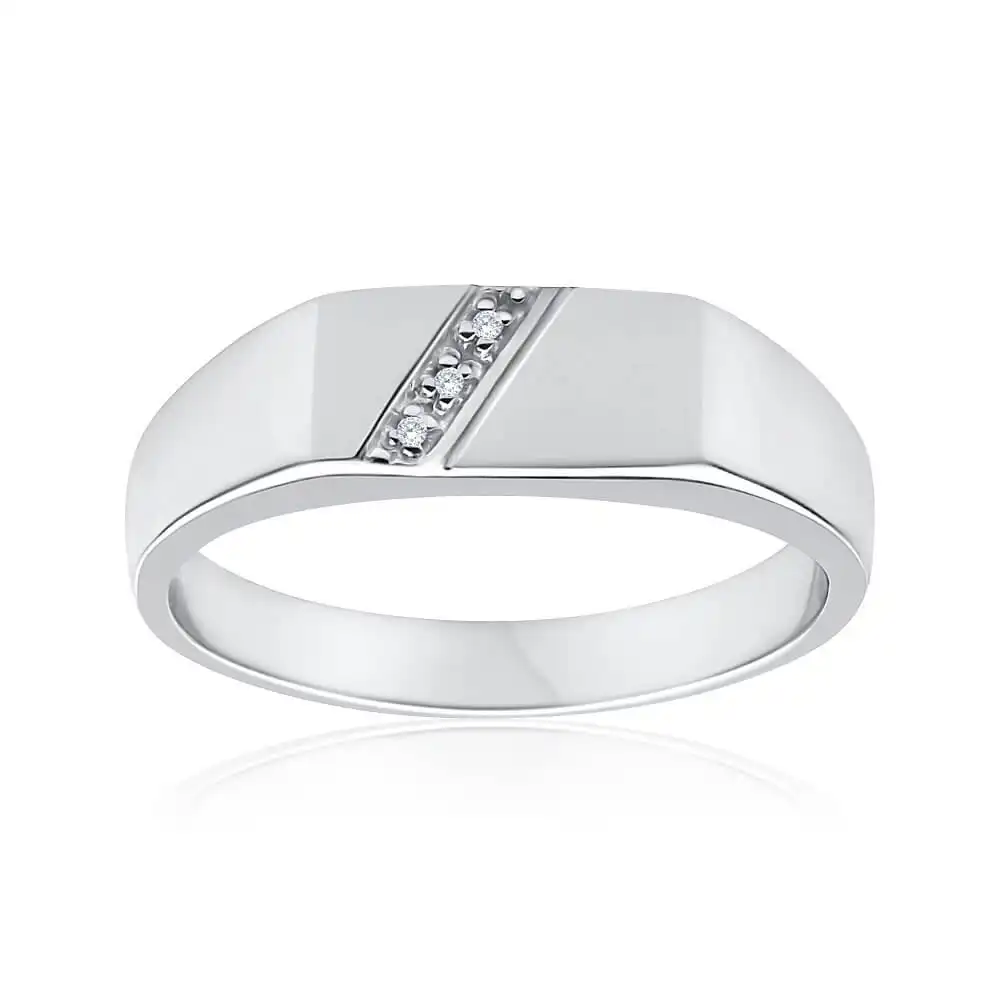 Sterling Silver x3 Diamond Set Gents Ring