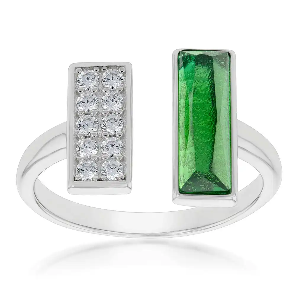Sterling Silver Cubic Zirconia And Green Enamel Open Ring