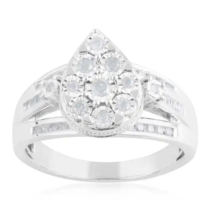 Sterling Silver 1/2 Carat Diamond Pear Shape  Cluster Dress Ring