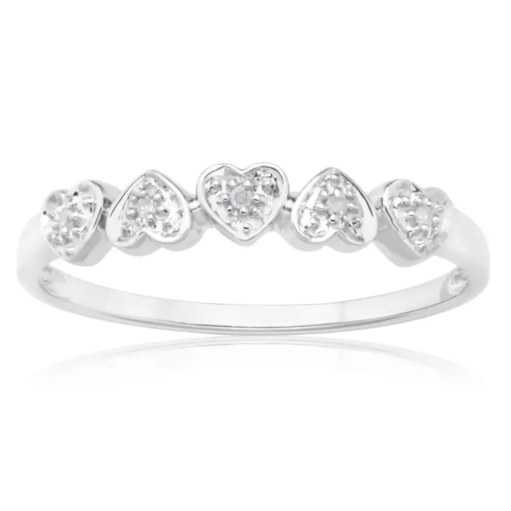 Sterling Silver 0.02 Carat Five Hearts Diamond Ring with 5 Brilliant Cut Diamonds