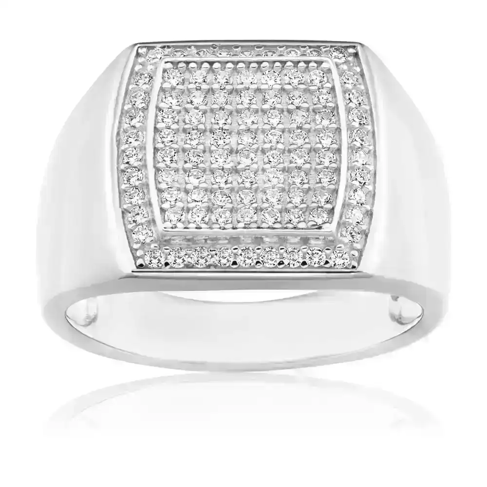 Sterling Silver Zirconia Grid Gents Ring