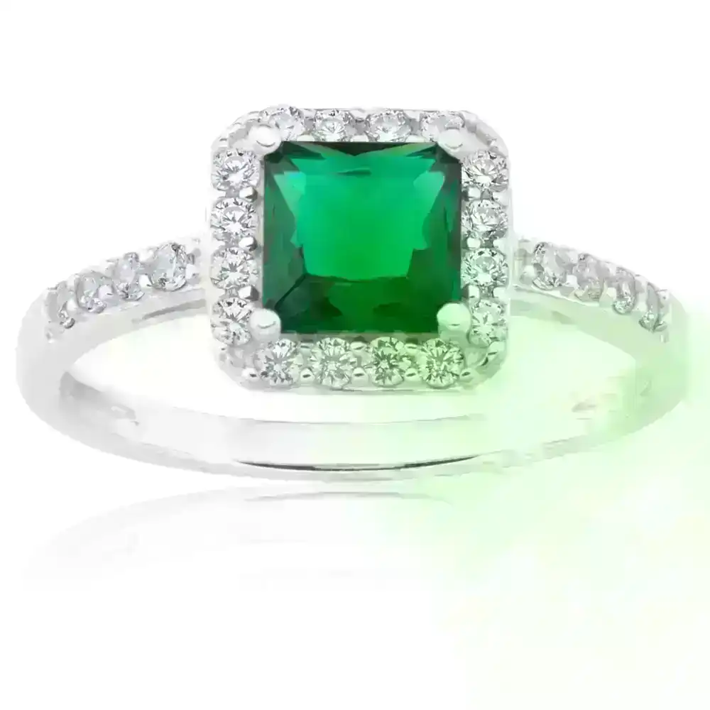 Sterling Silver Green and White Zirconia Cushion Cut Ring