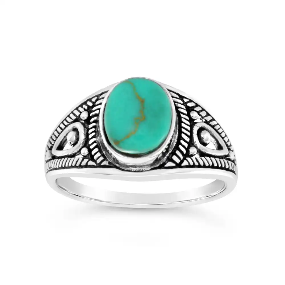 Sterling Silver Created Turquoise Oval Oxidised Ring