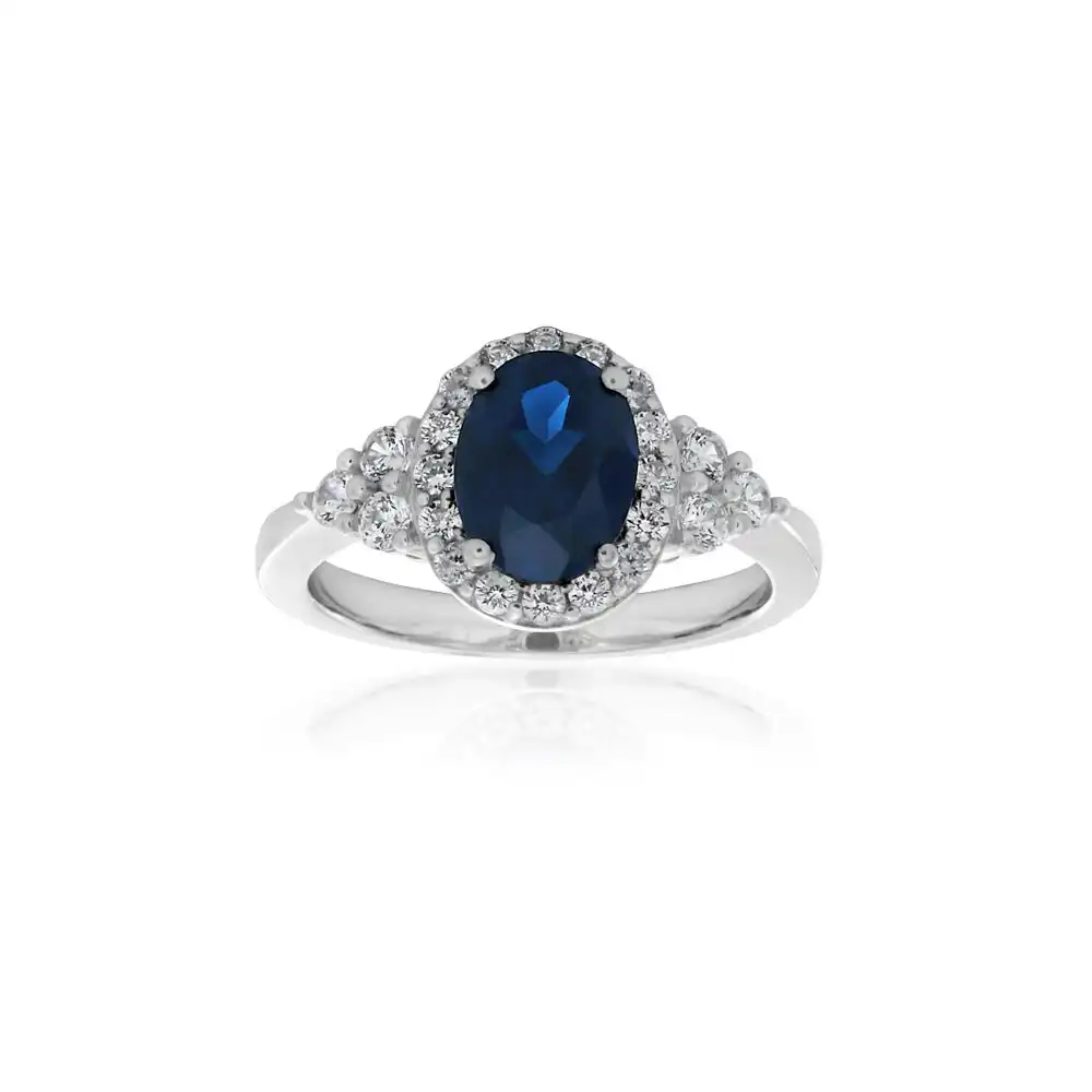 Sterling Silver Created Sapphire and White Zirconia Oval Ring