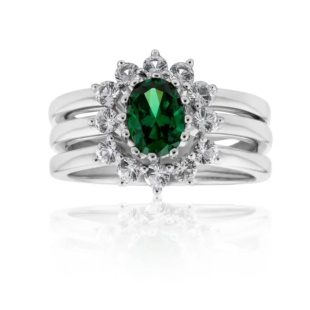 Sterling Silver Created Emerald and Created White Sapphire 3 Ring Set