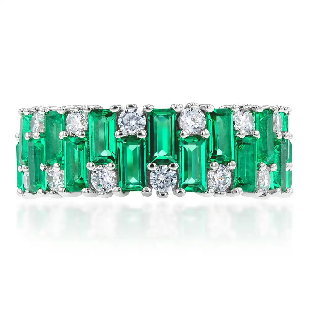 Sterling Silver Rhodium Plated Emerald-Green Cubic Zirconia Broad Band Ring