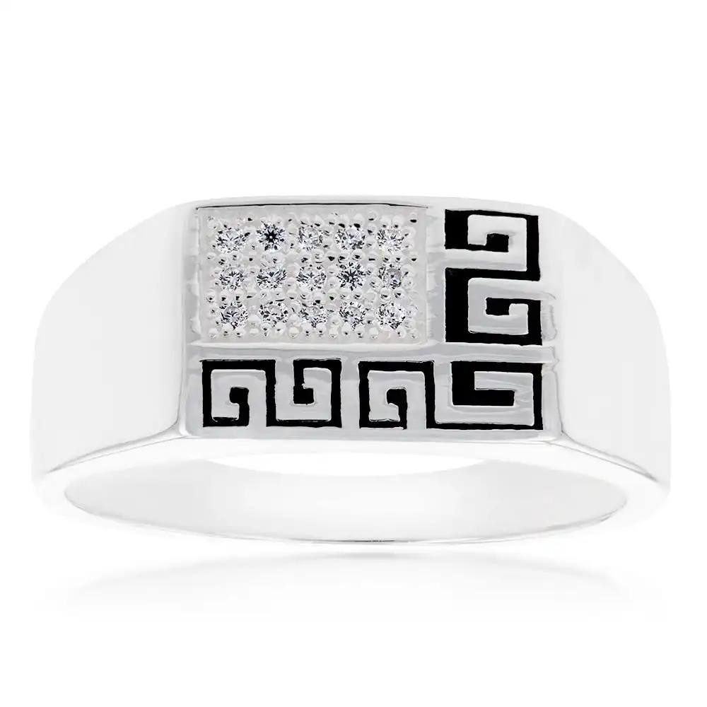 Sterling Silver Cubic Zirconia And Greek Pattern On Gents Ring