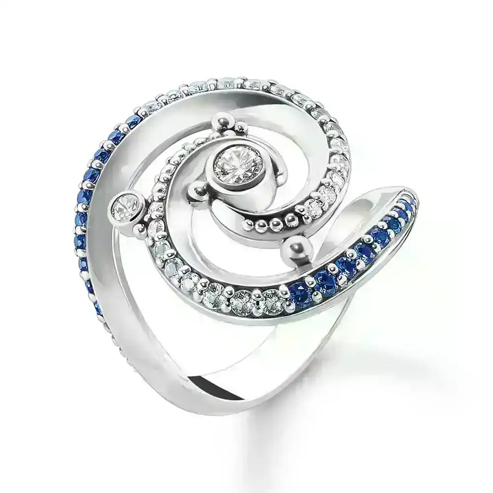 Thomas Sabo Sterling Silver Ocean Curled Wave Blue Cubic Zirconia Ring