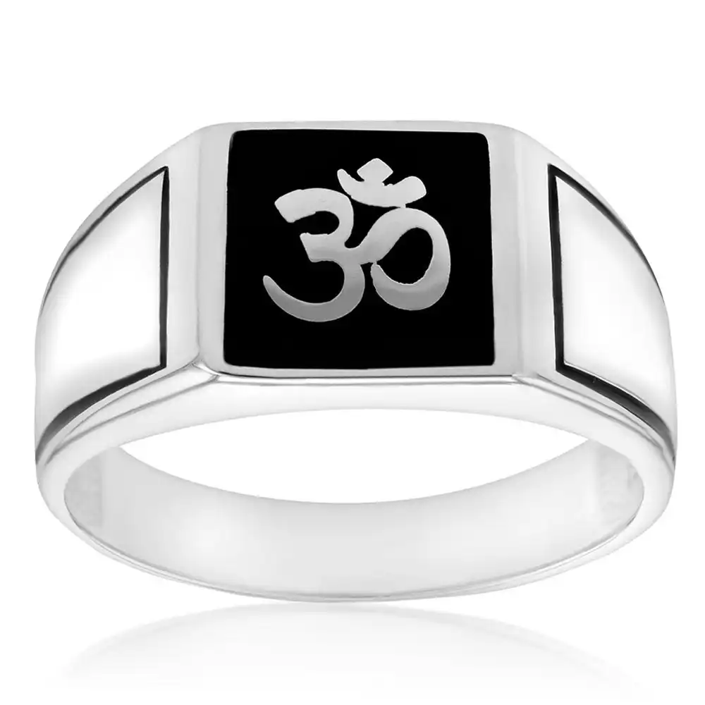 Sterling Silver "Om" On Black Square Gents Ring