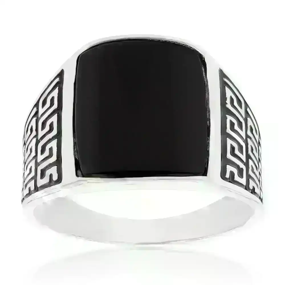 Sterling Silver Black Square With Greek Pattern Gents Ring