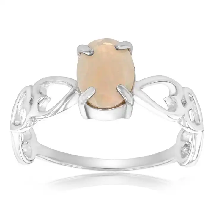Sterling Silver 0.60ct Natural White Opal Heart Band Ring