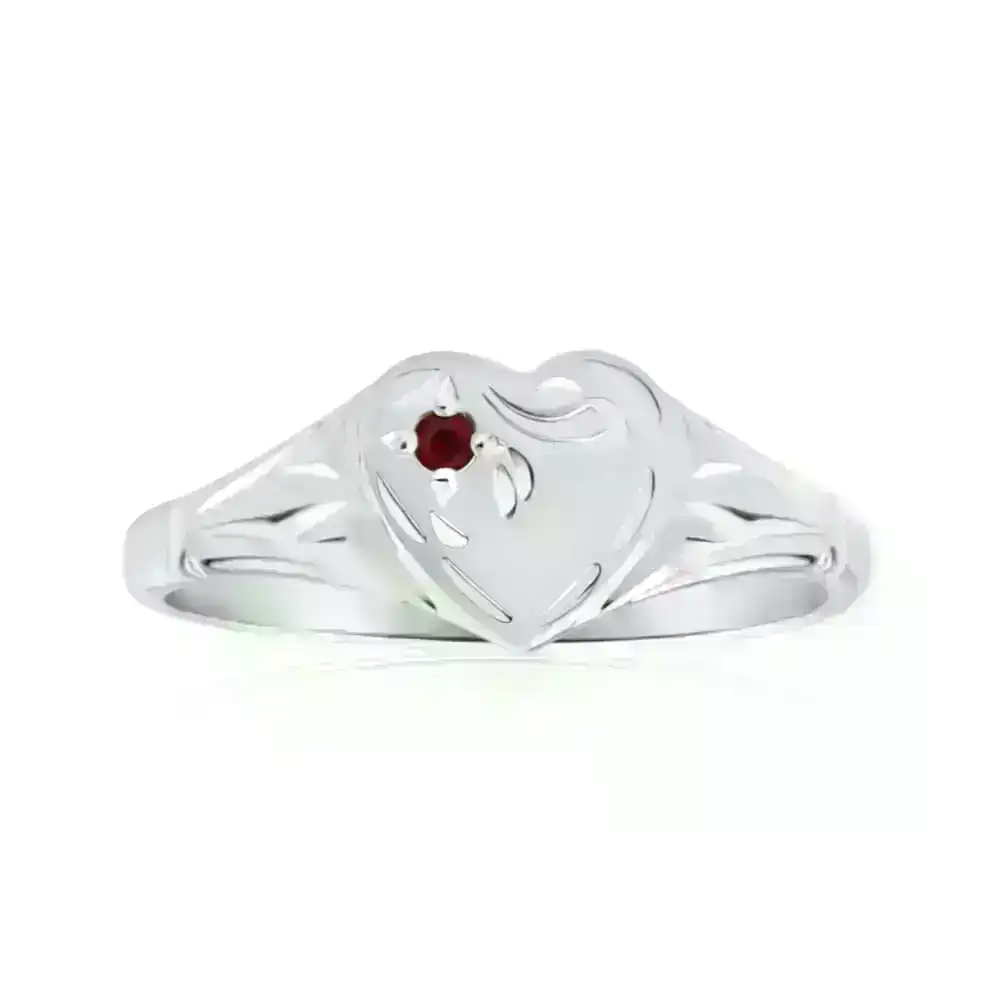 Sterling Silver Garnet Heart Signet Ring Size L