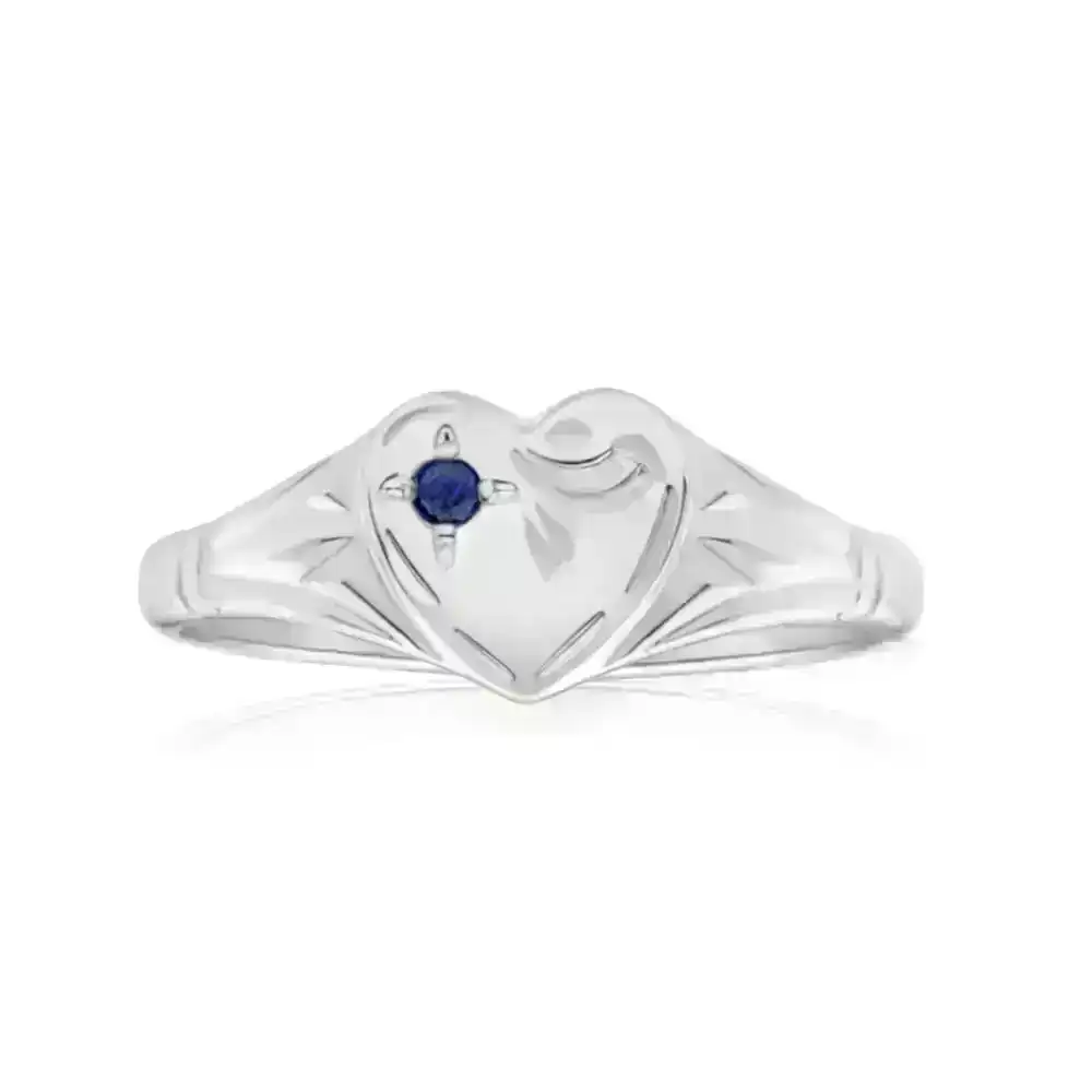 Sterling Silver Natural Sapphire Heart Signet Ring Size L