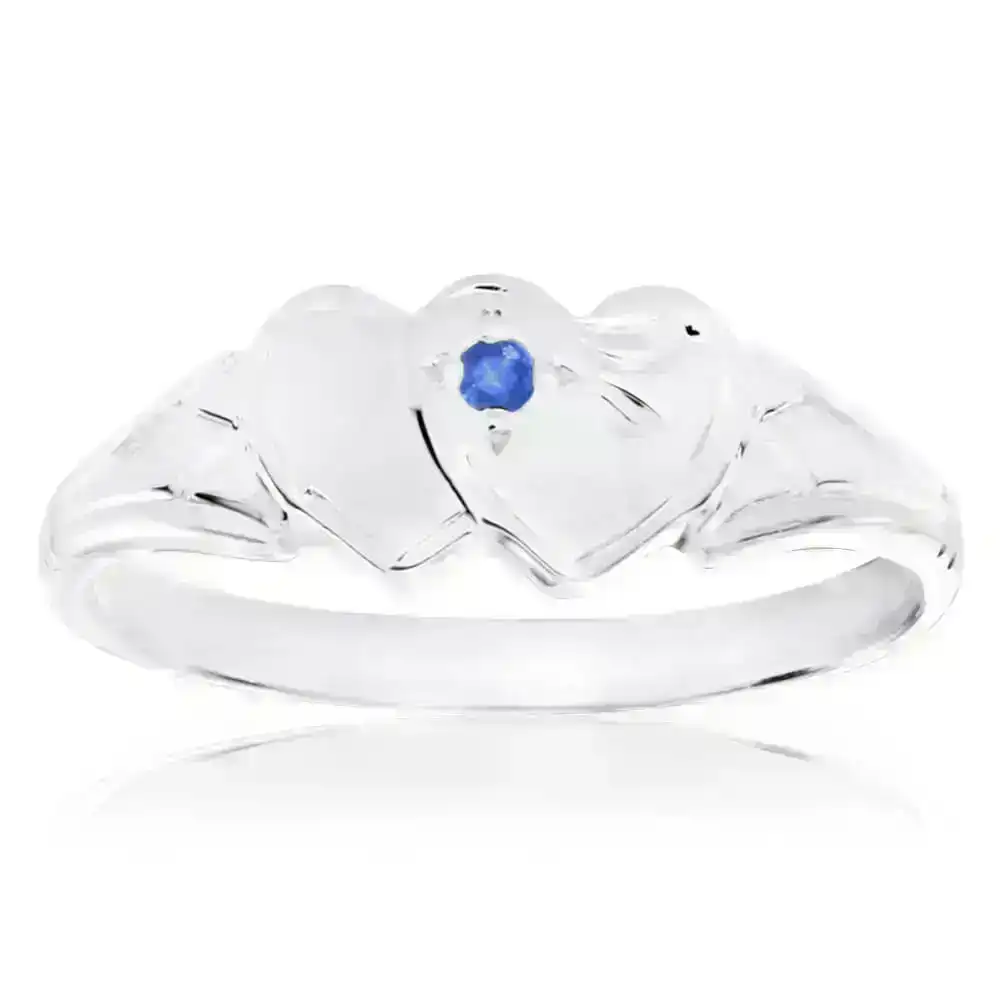 Sterling Silver Natural Sapphire 2Heart Signet Ring Size L