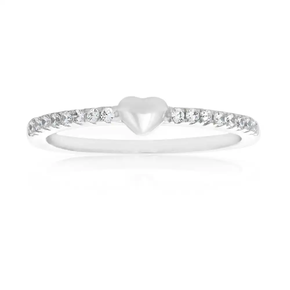 Sterling Silver Rhodium Plated Cubic Heart Channel Band Zirconia Ring