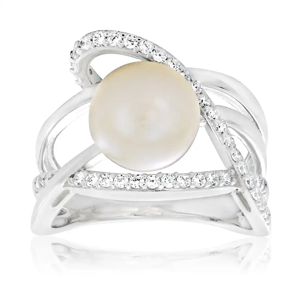 Sterling Silver Cubic Zirconia + Freshwater Pearl Ring   *No Resize*