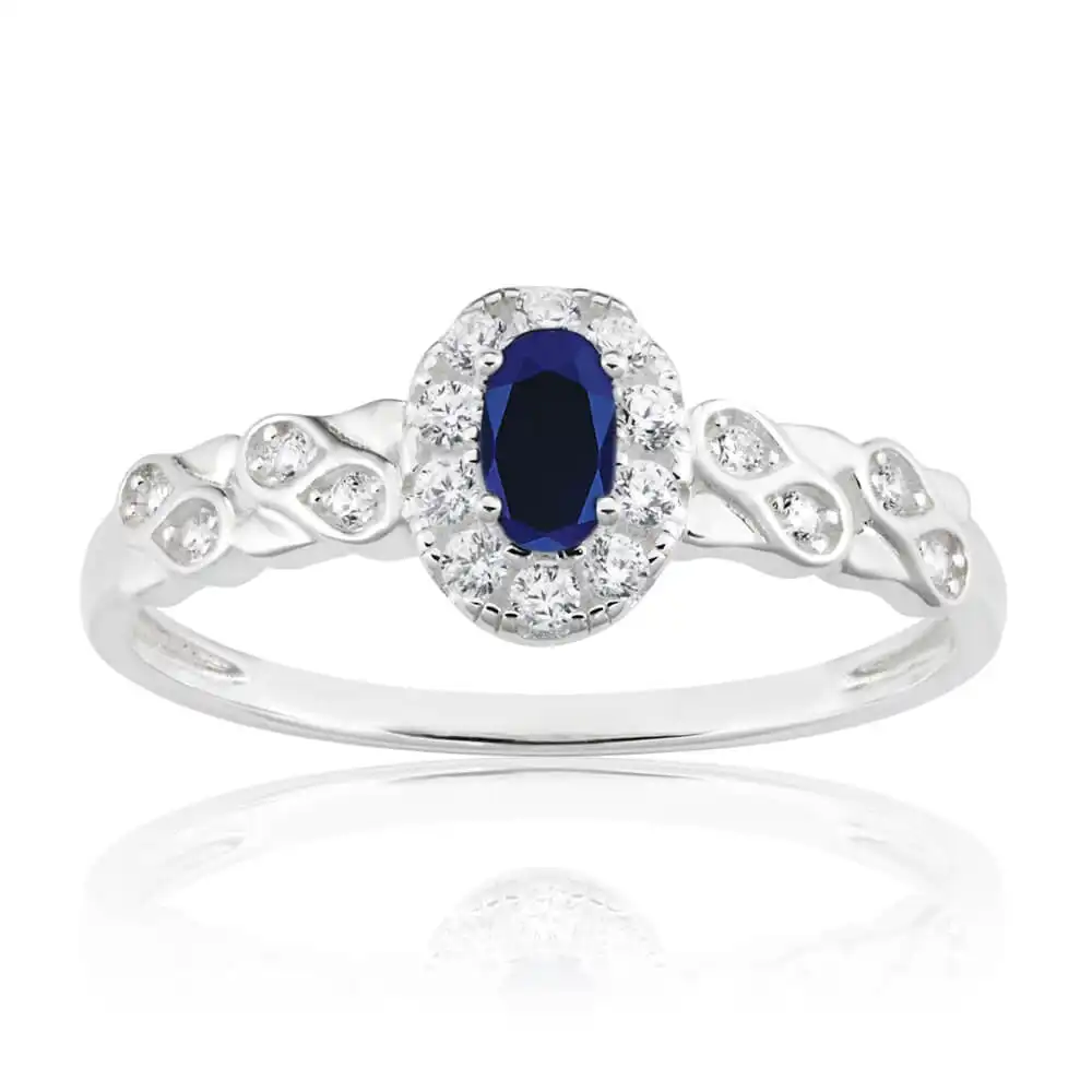 Sterling Silver Oval Cut Created Sapphire and Cubic Zirconia Ring