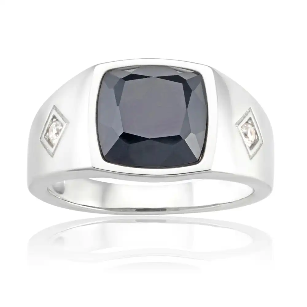 Sterling Silver Rhodium Plated Onyx and Zirconia Square Gents Ring