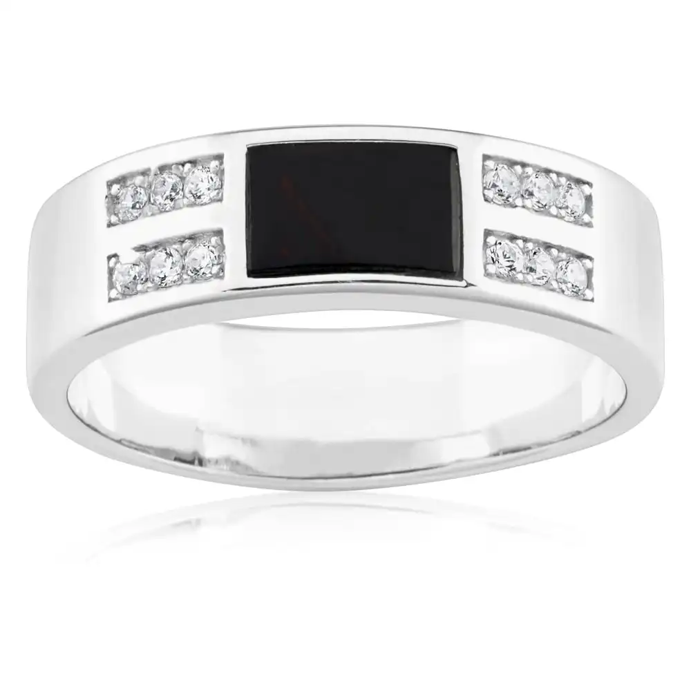 Sterling Silver Rectangle Onyx and Zirconia Gents Ring