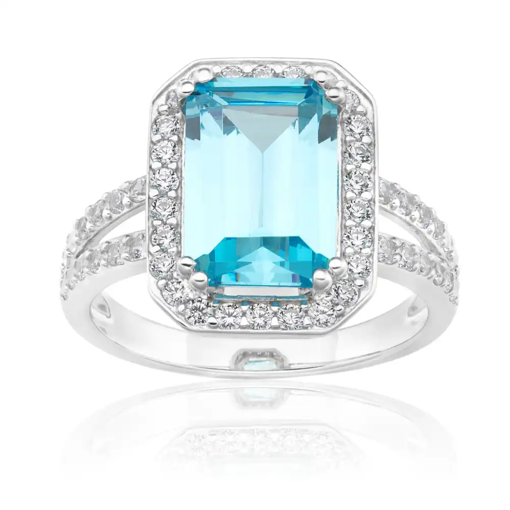 Sterling Silver Sky Blue Zirconia Emerald Cut Ring