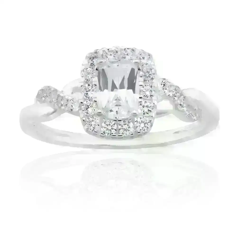 Sterling Silver Zirconia Cushion Cut Halo Crossover Ring