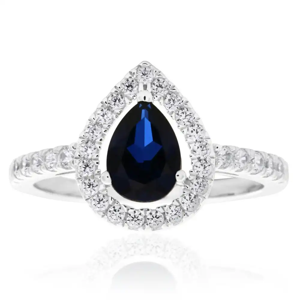 Sterling Silver Created Sapphire and Zirconia Set Ring *Resize 1-2 Sizes Up*