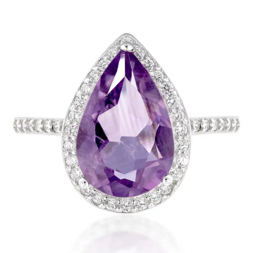 Sterling Silver Amethyst and Zirconia Pear Ring