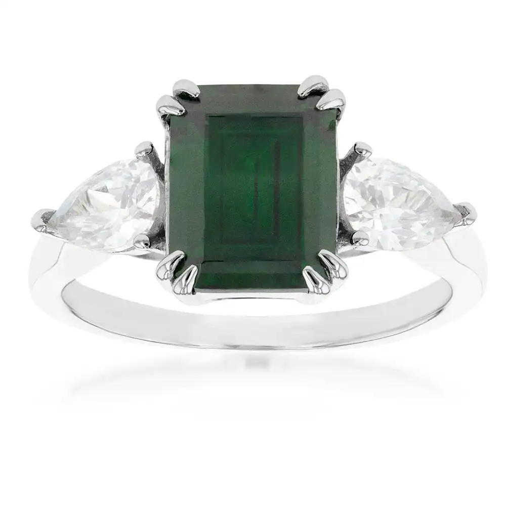 Sterling Silver Rhodium Plated Green And White Cubic Zirconia Emerald Cut Ring