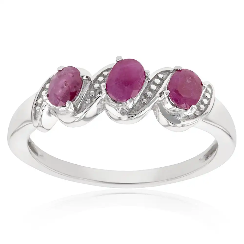 Sterling Silver 0.60ct Natural Ruby 4x3mm Trilogy Ring