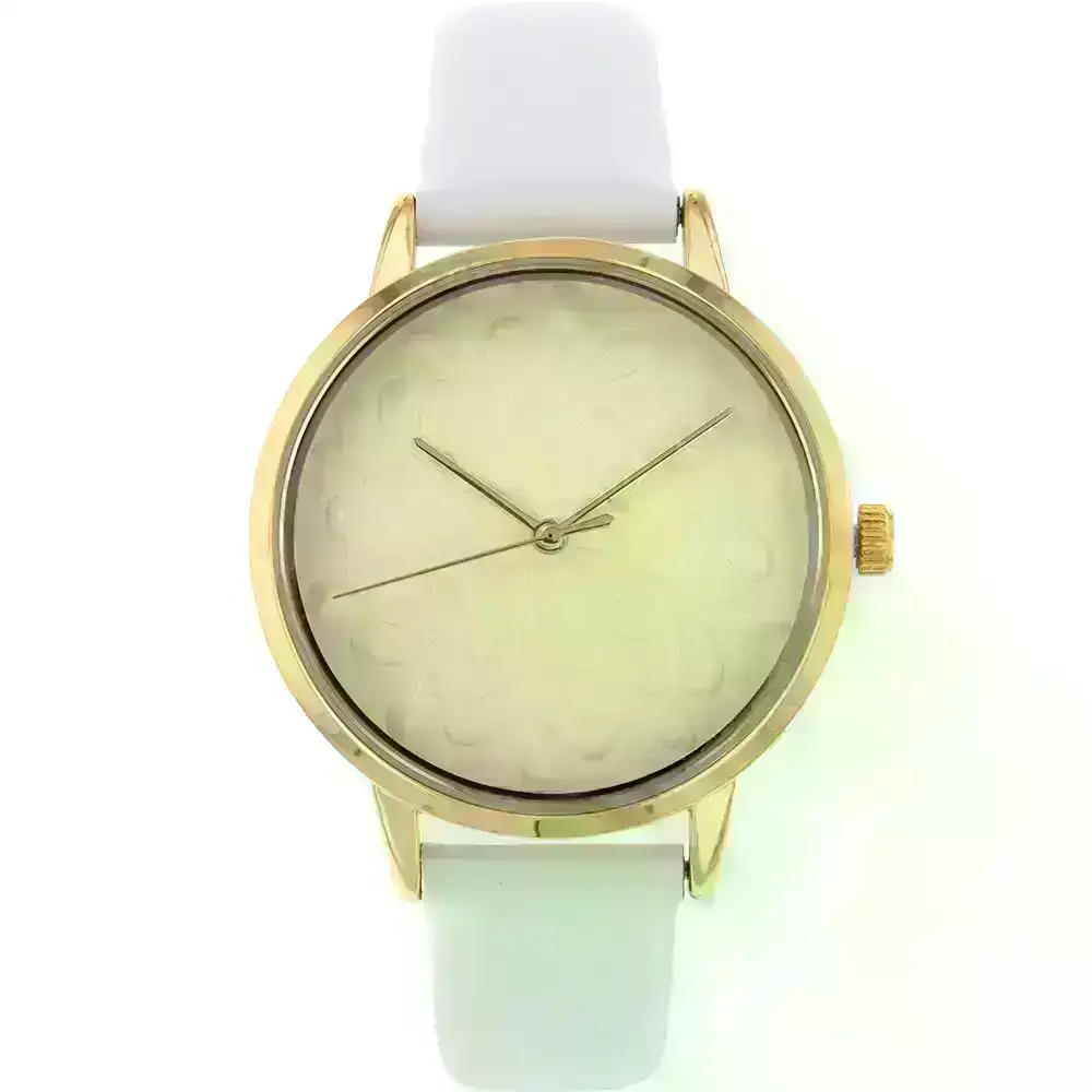 Ellis & Co Patterned Dial White Leather Womens Watch