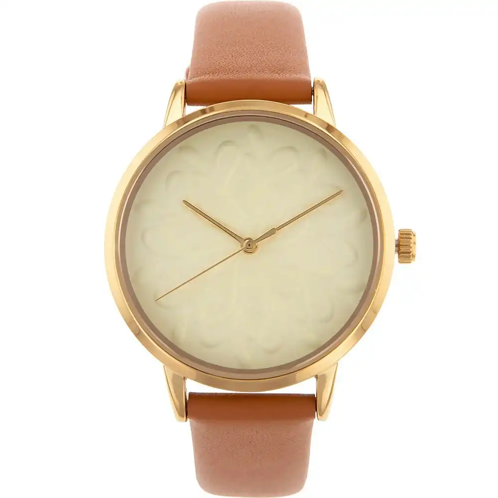 Ellis & Co Pattern Gold Dial Brown Leather Womens Watch