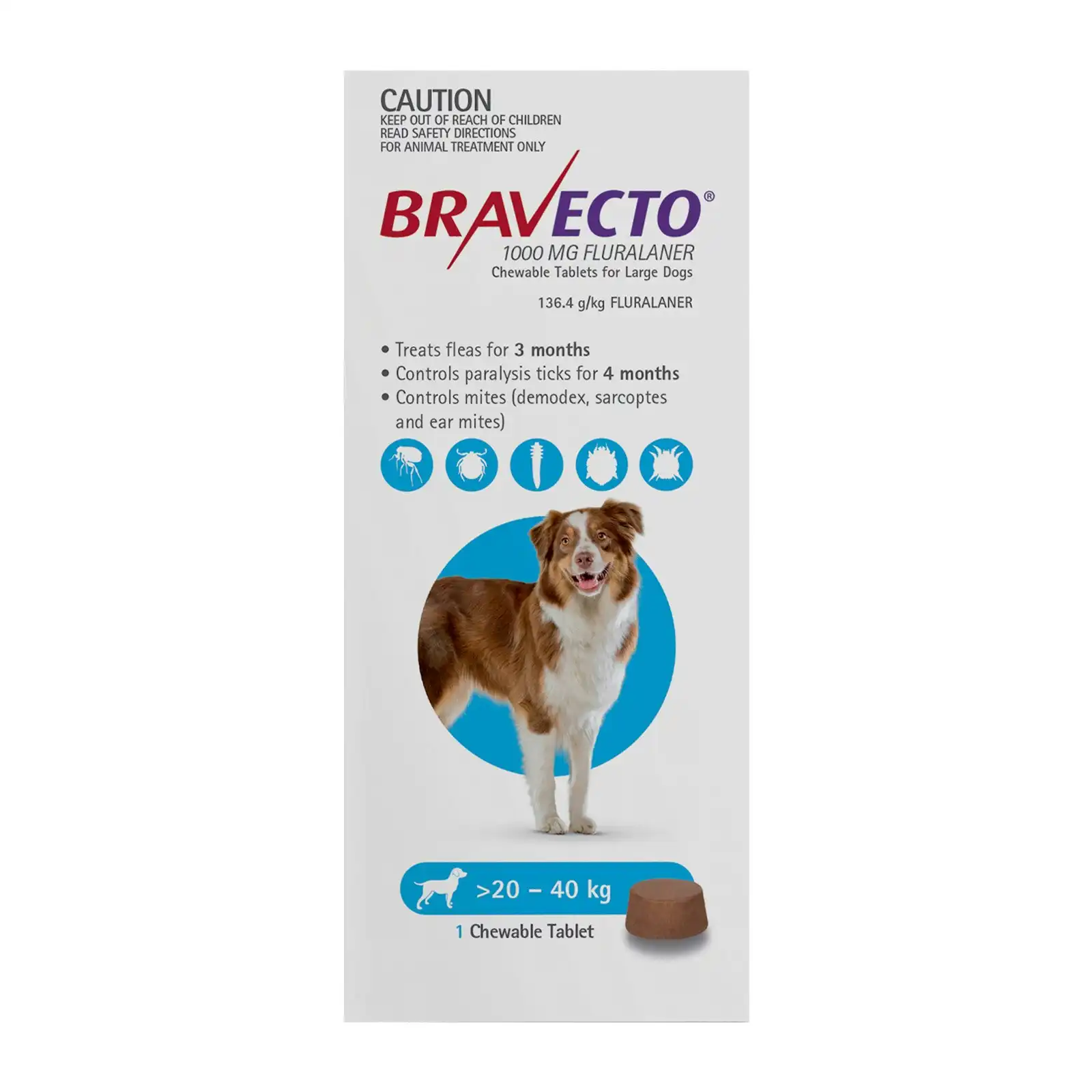 Bravecto For Large Dogs 20-40kg (Blue) 1 Chew