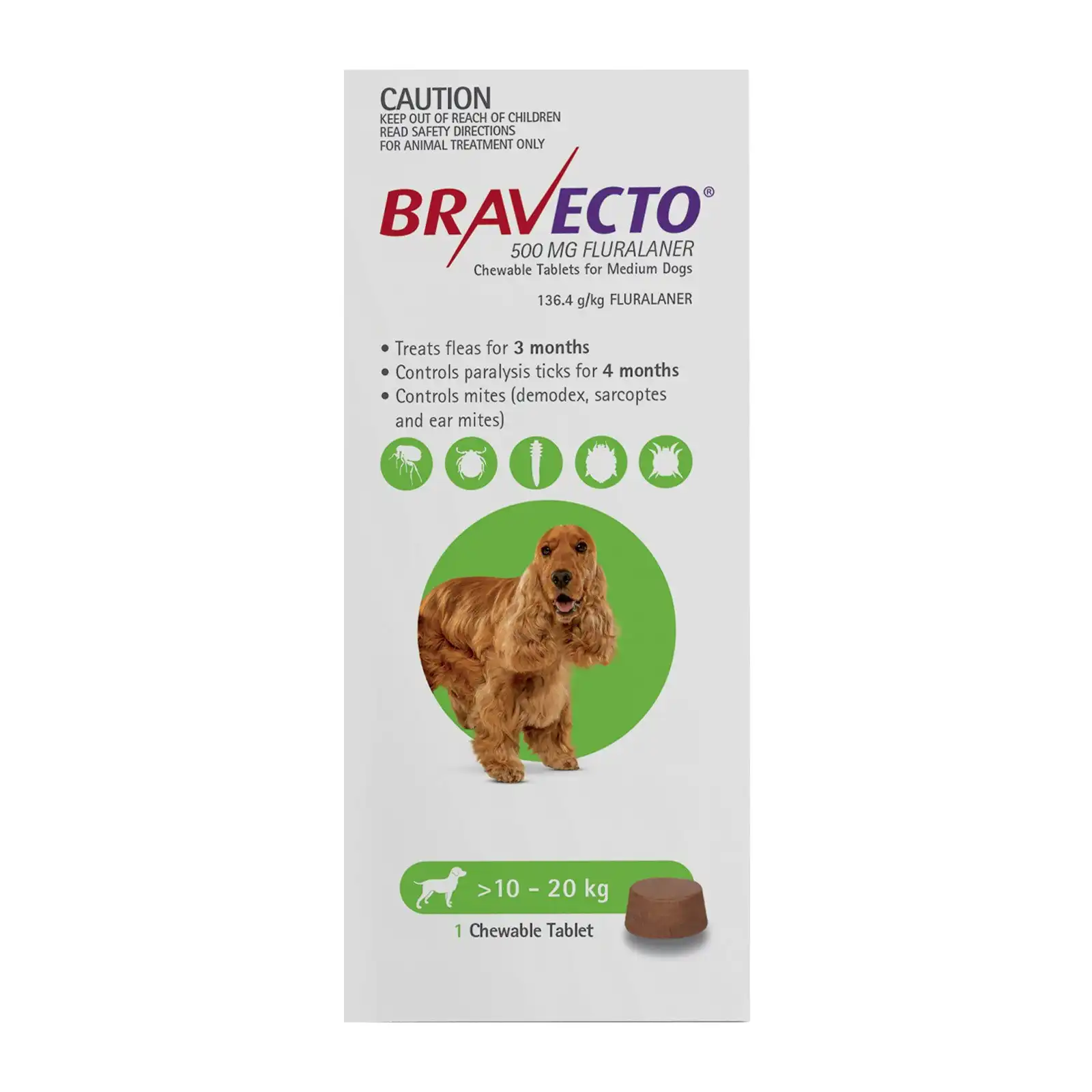 Bravecto For Medium Dogs 10-20Kg (Green) 1 Chew
