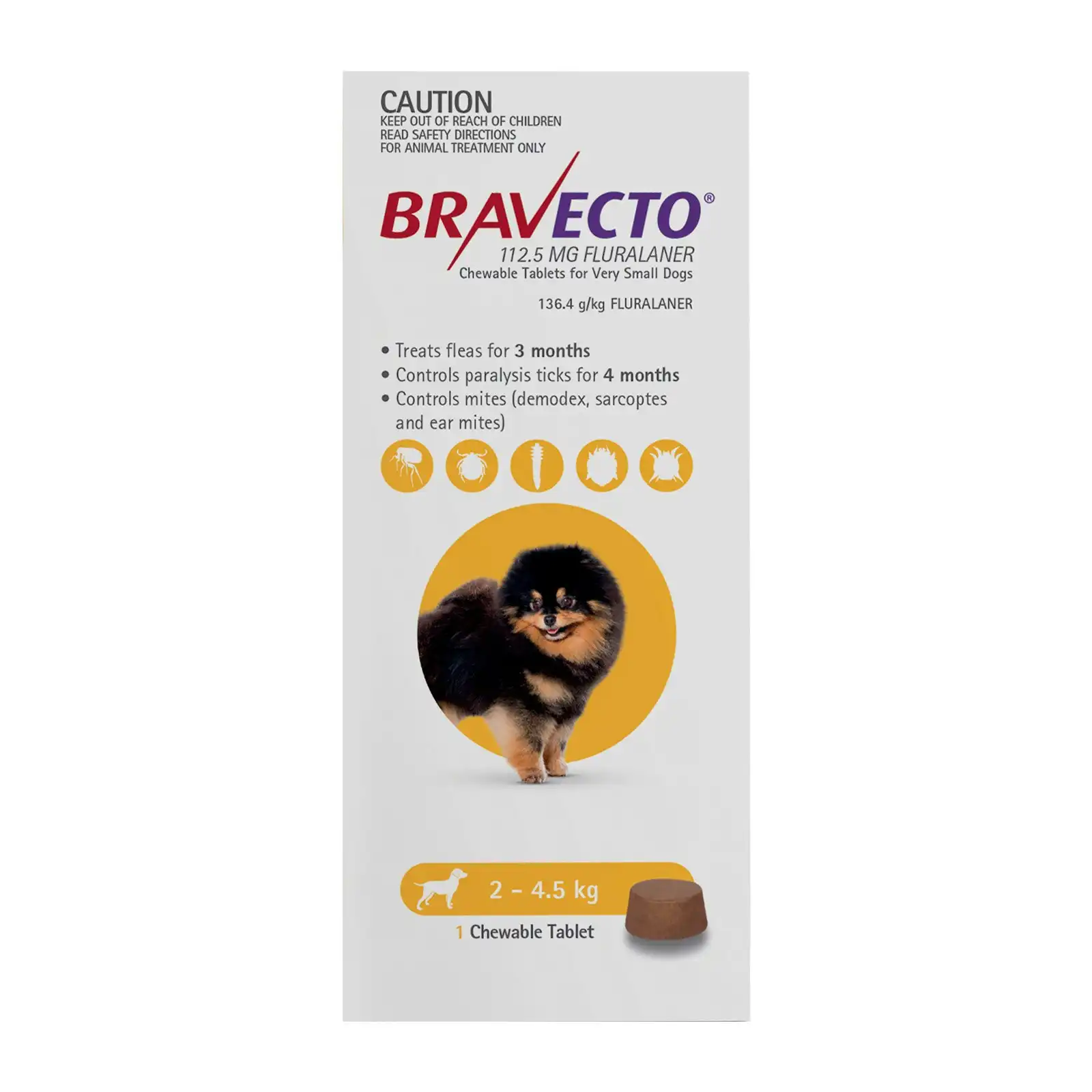 Bravecto For Toy Dogs 2-4.5Kg (Yellow) 1 Chew