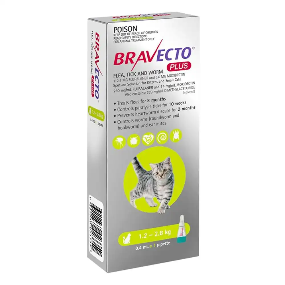 Bravecto Plus For Cats 1.2-2.8 Kg (Green) 1 Pipette