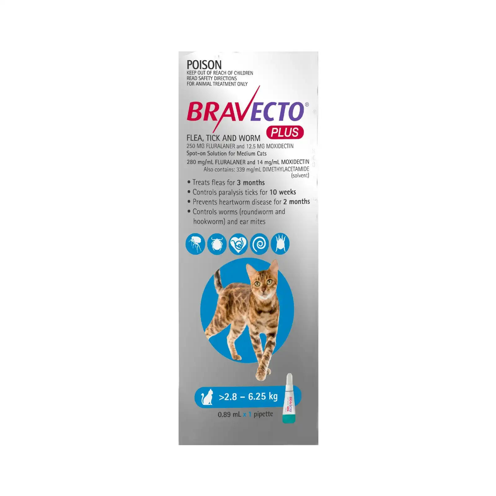 Bravecto Plus For Cats 2.8-6.25 Kg (Blue) 1 Pipette