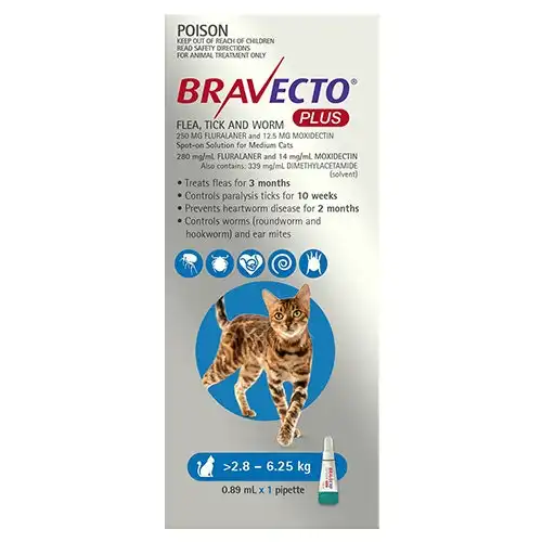 Bravecto Plus For Cats 2.8-6.25 Kg (Blue) 2 Pipettes