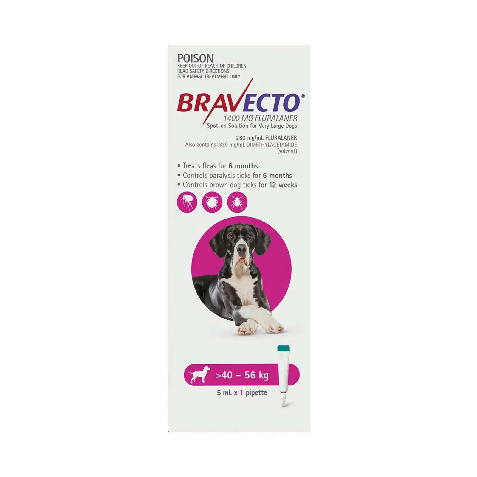 Bravecto Spot On For Extra Large Dogs 40-56Kg (Pink) 1 Pipette